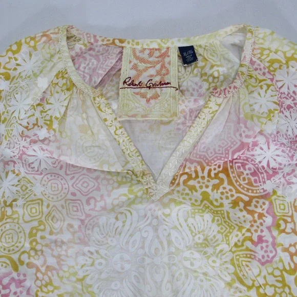 Robert‎ Graham Tunic Top Womens Size XL Blouse Paisley Embroidered Split Neck - Picture 3 of 8